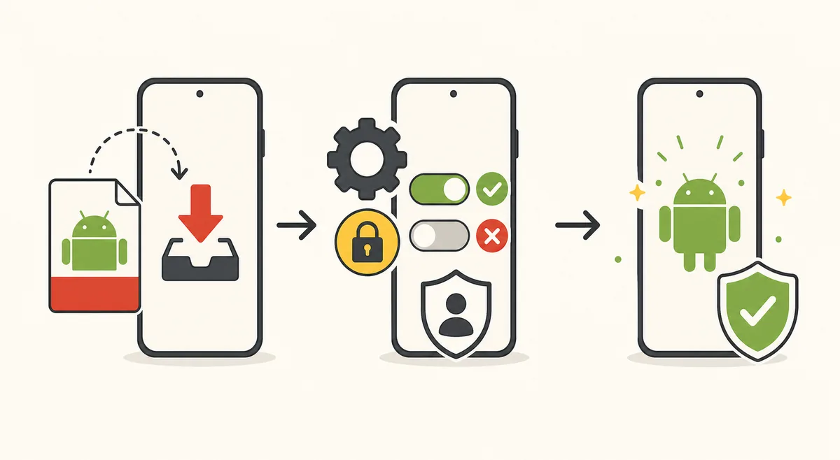 Secuencia ilustrada de descarga, revisión de permisos e instalación de un APK Android
