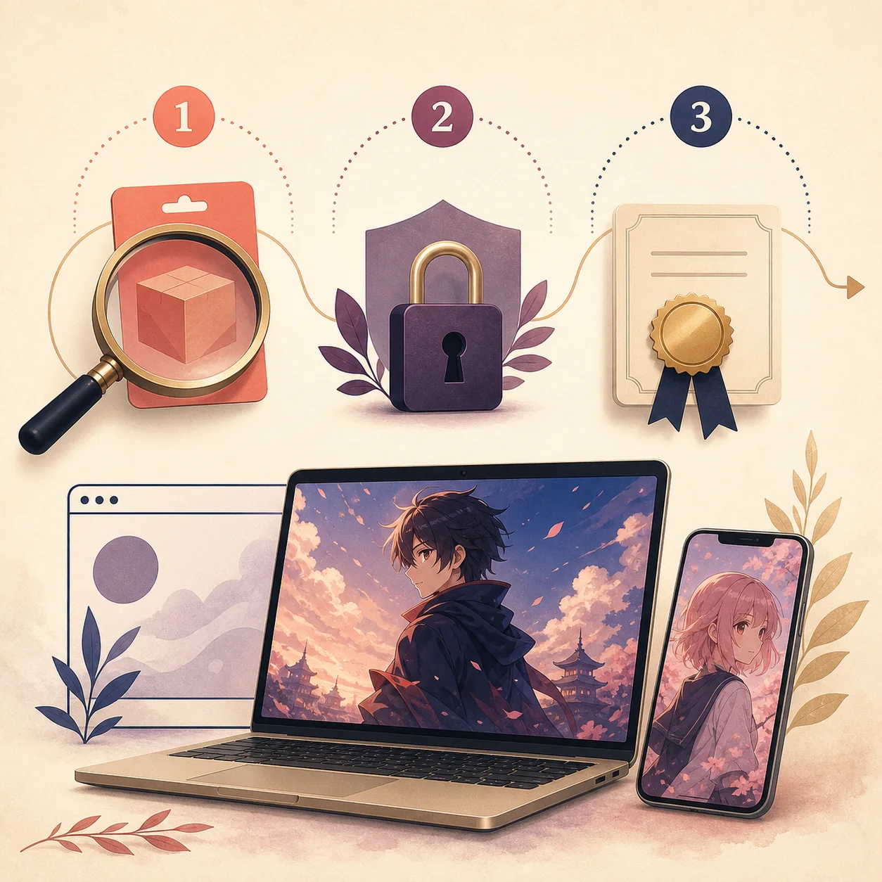 Editorial concept illustration of three numbered checkpoints for checking an app package
