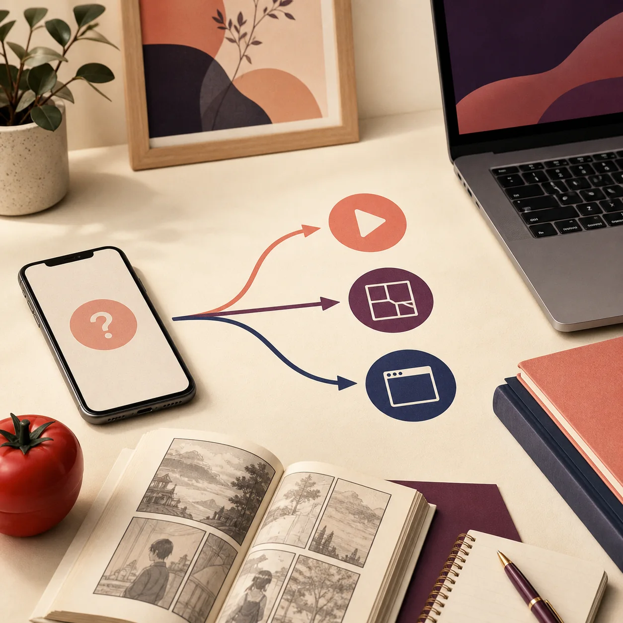Editorial concept illustration of a phone and laptop choosing between anime, manga, and browser pathways