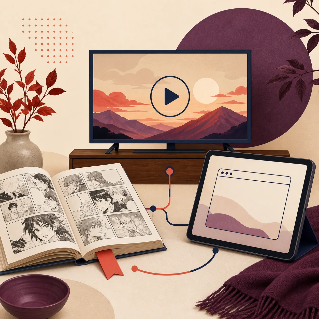 Editorial concept comparison of a manga book, television playback, and tablet browser route