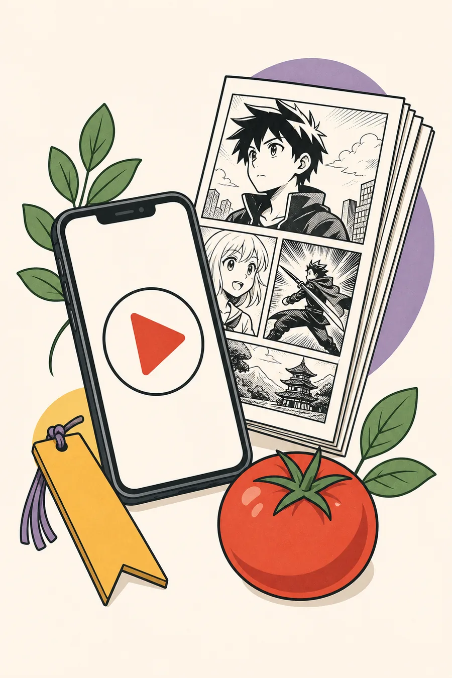 Ilustración editorial de un teléfono, reproducción, páginas de manga, marcador y tomate