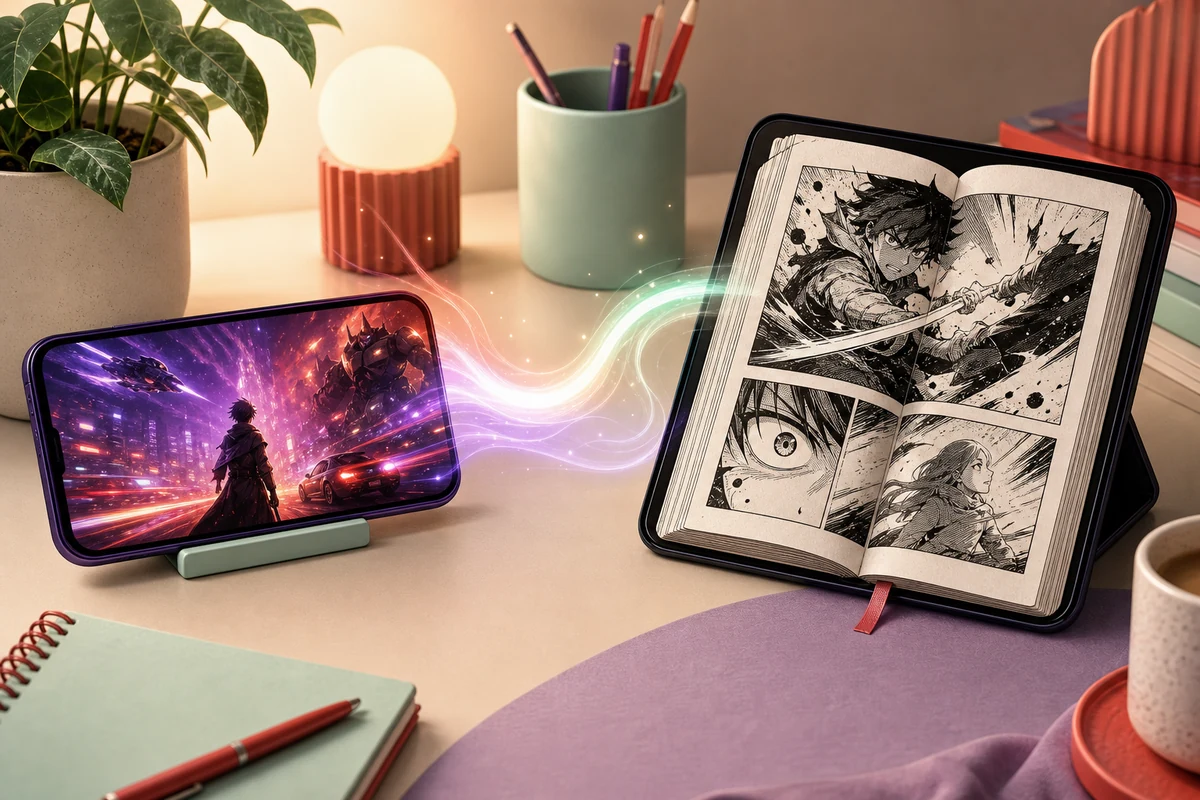 Comparación editorial entre ver anime en un teléfono y leer manga en una tableta