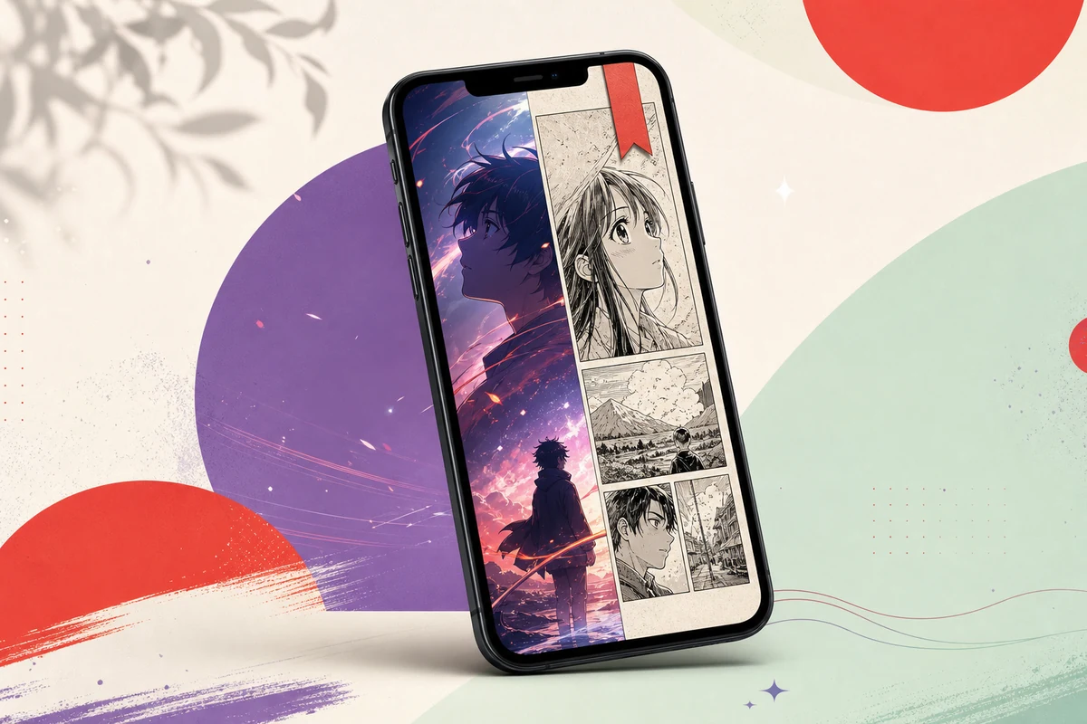 Illustration conceptuelle d’un téléphone réunissant lecture d’anime et lecture de manga