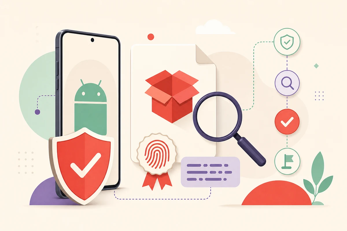 Ilustración de un paquete Android, sello de firma, lupa y ruta de seguridad