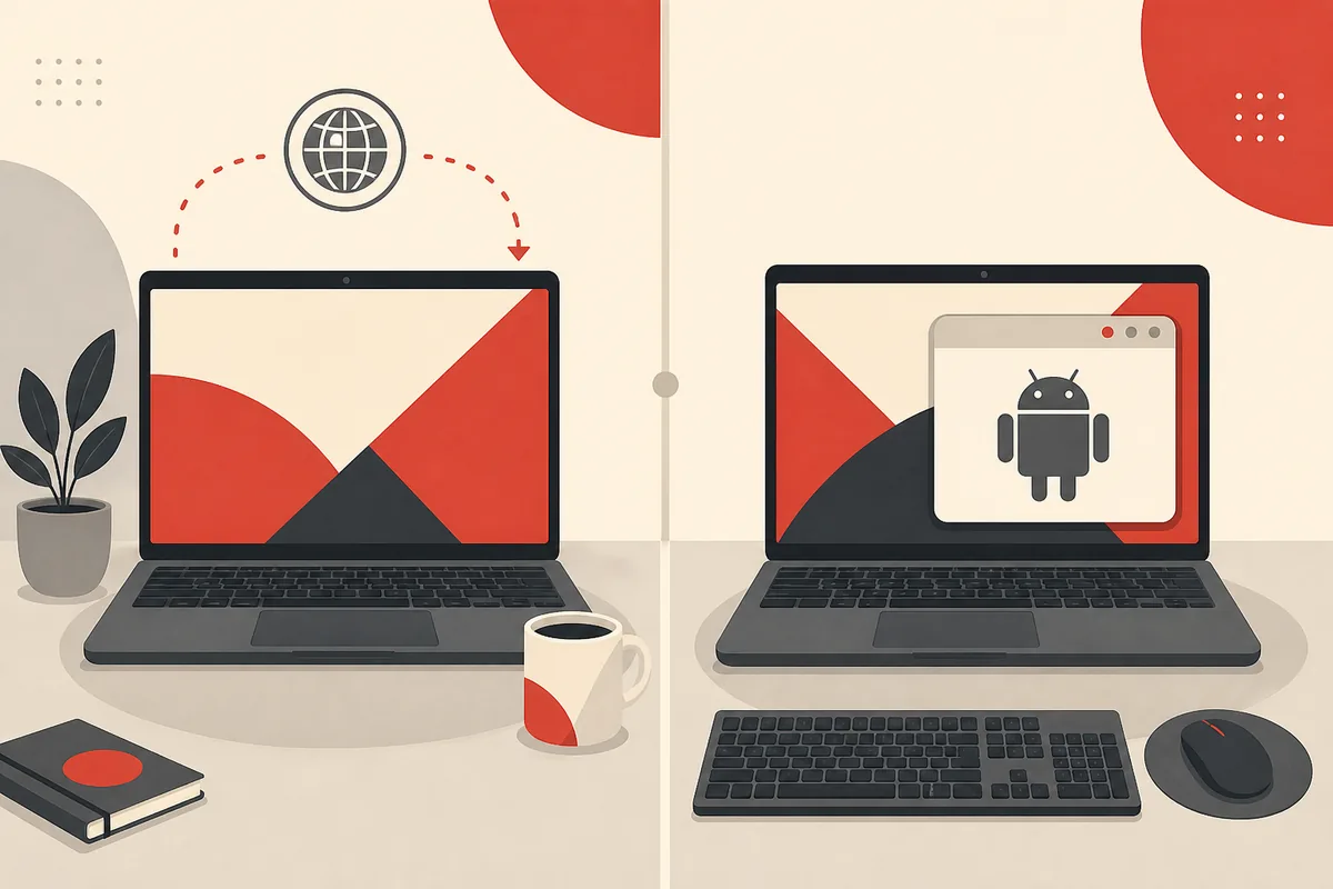 Conceptual comparison of browser access on a laptop and an Android emulator with keyboard and mouse