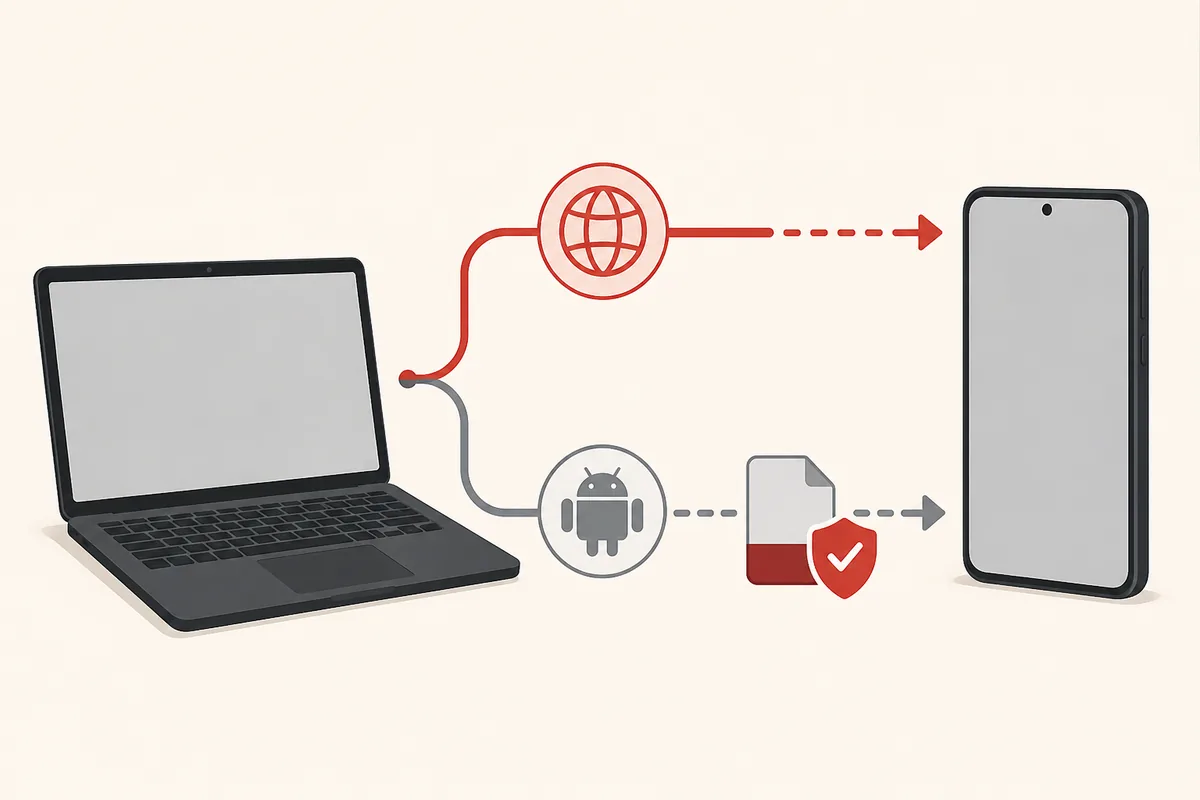 Conceptual diagram showing a Windows laptop choosing between browser access and a verified Android runtime