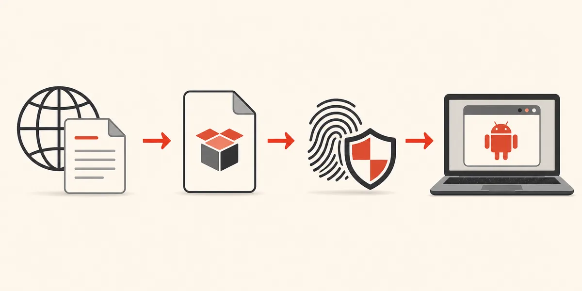 Conceptual four-step flow from source record to APK file, hash and signature review, and isolated Android emulator