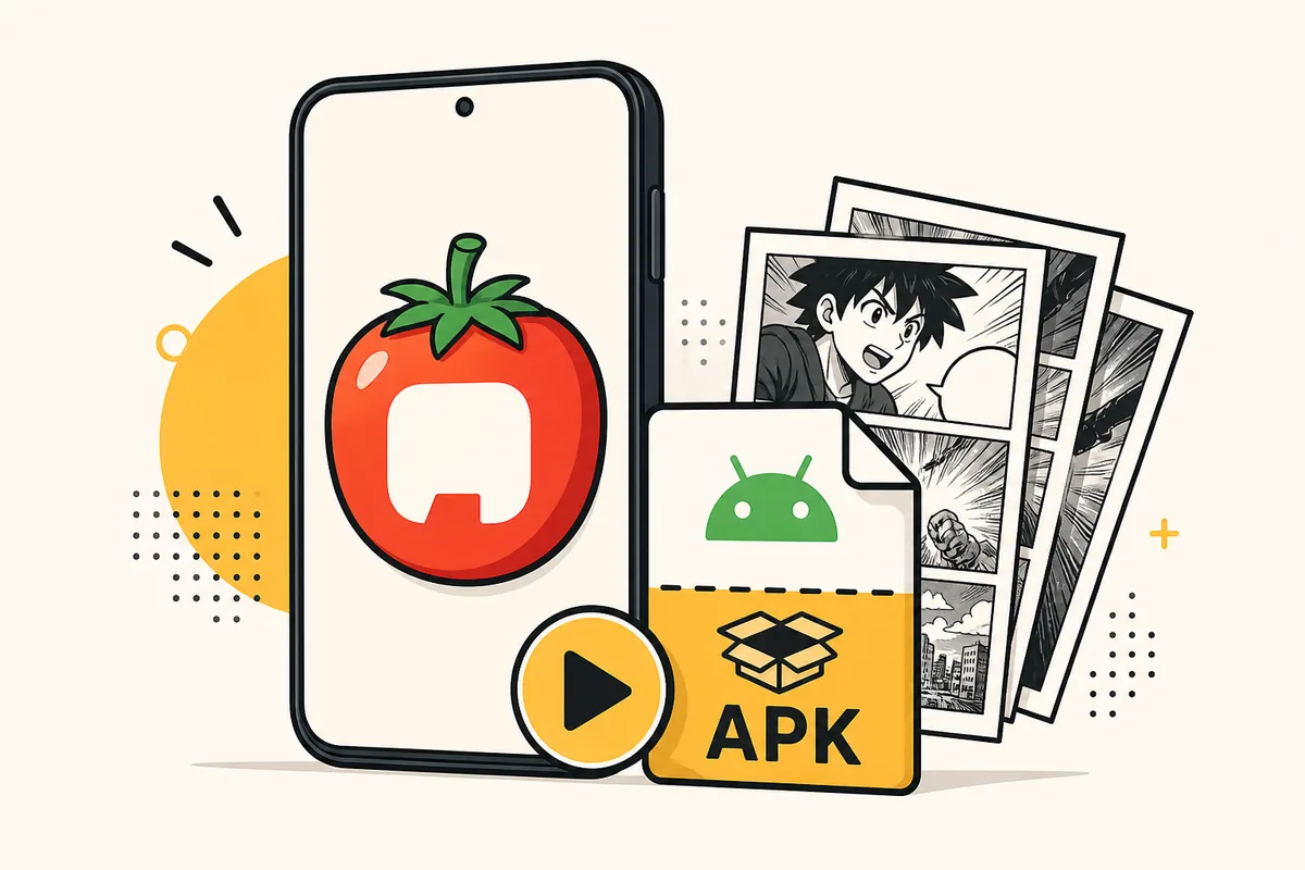 Android 휴대전화와 만화 페이지 옆 Tomato APK 패키지 편집 일러스트