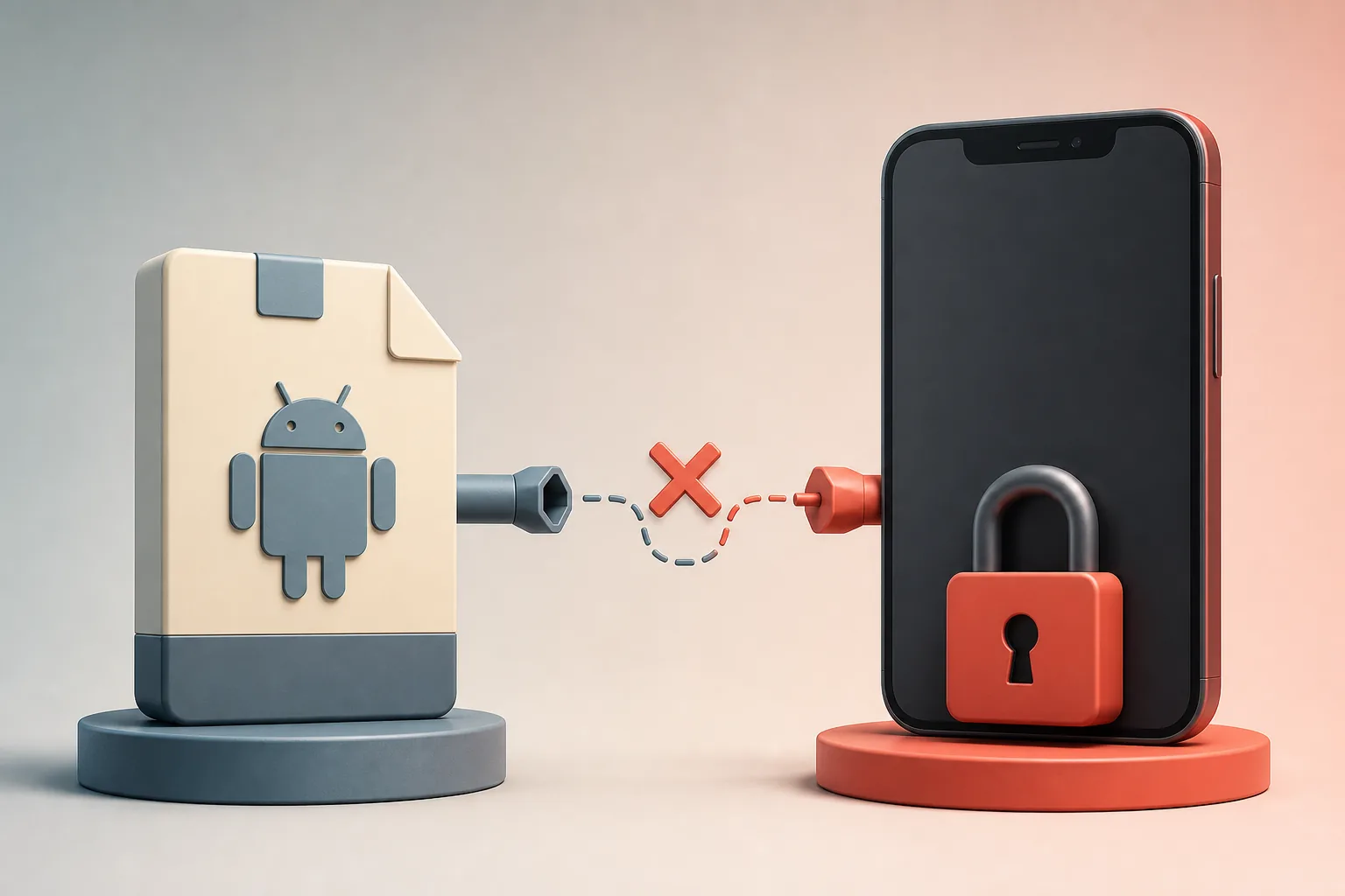 Android 패키지와 잠긴 아이폰 형태 기기의 비호환성을 보여 주는 개념도
