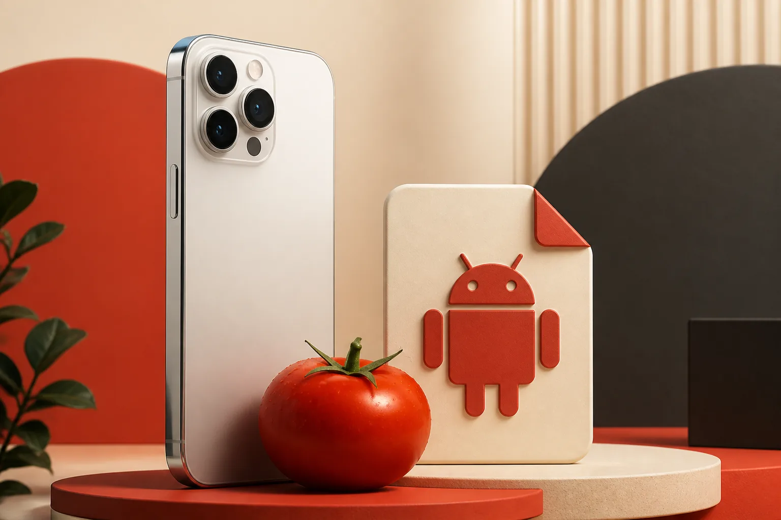 Ilustração editorial de um iPhone ao lado de um pacote APK Android e um tomate