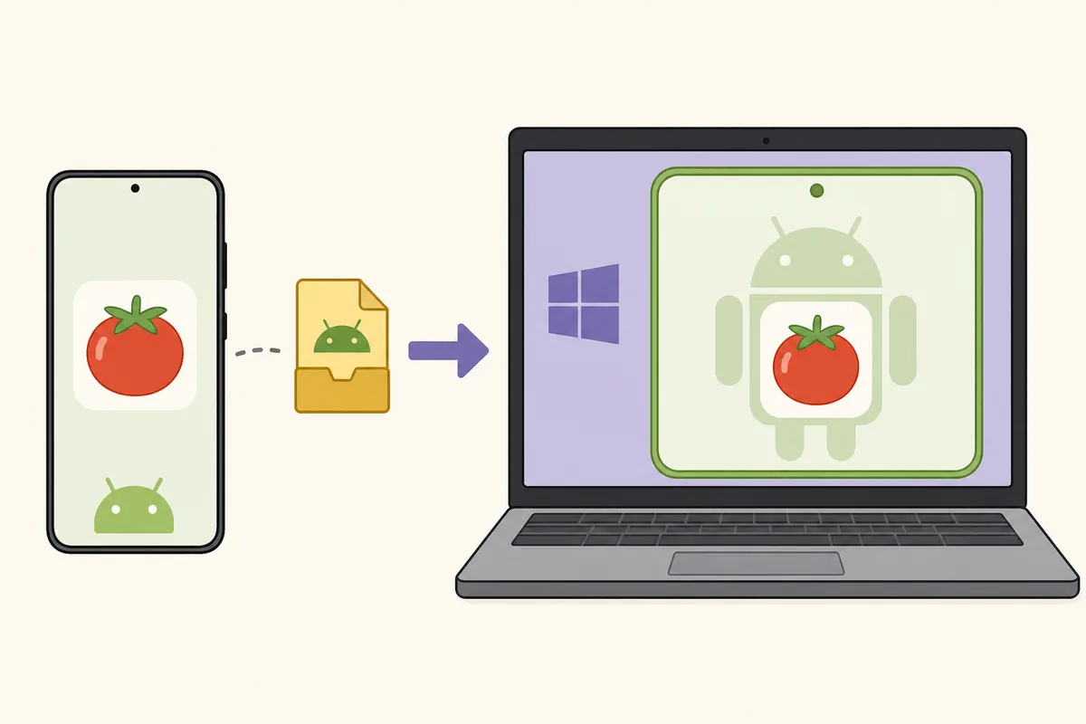 Ilustración editorial de Tomato APK funcionando mediante un emulador Android en un PC