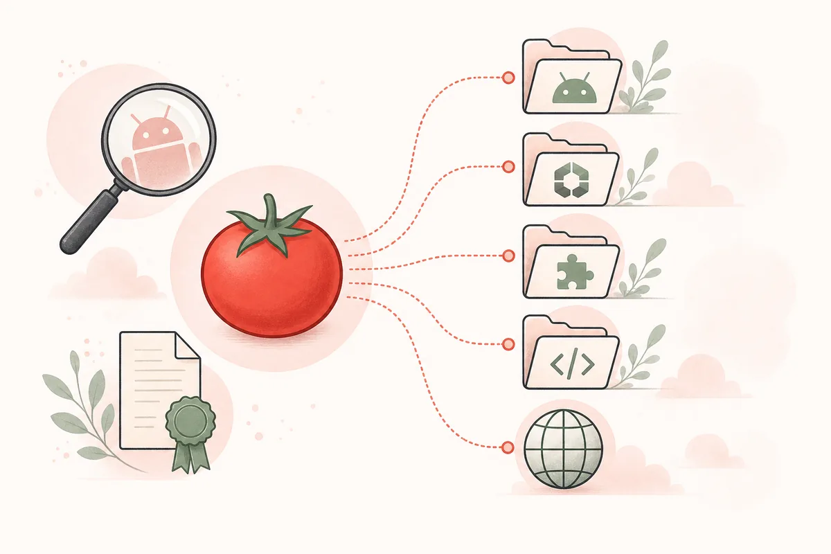 Tomato 이름이 여러 Android 패키지와 웹 출처로 나뉘는 편집용 일러스트