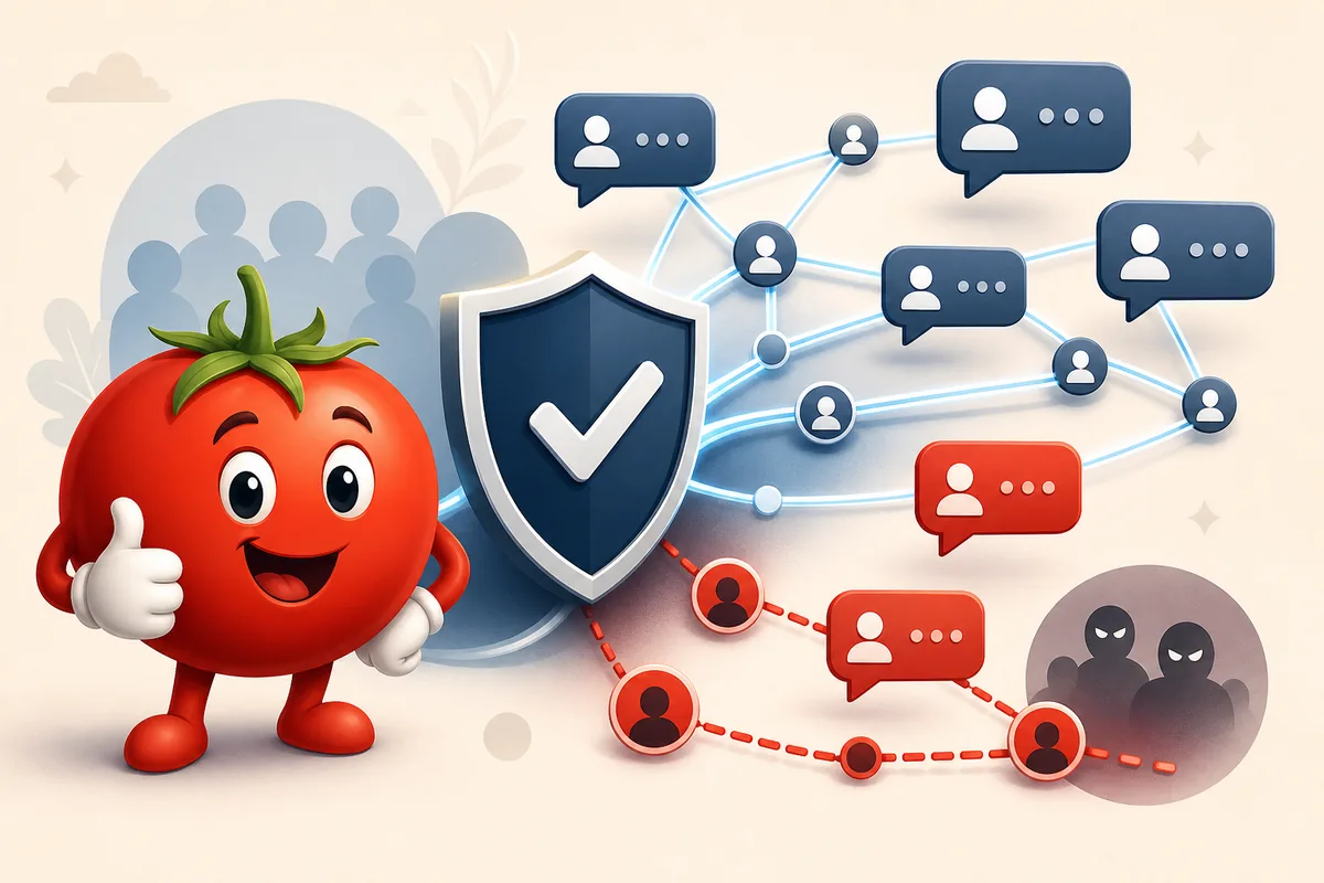 Editorial illustration of a tomato community network divided into verified and suspicious paths