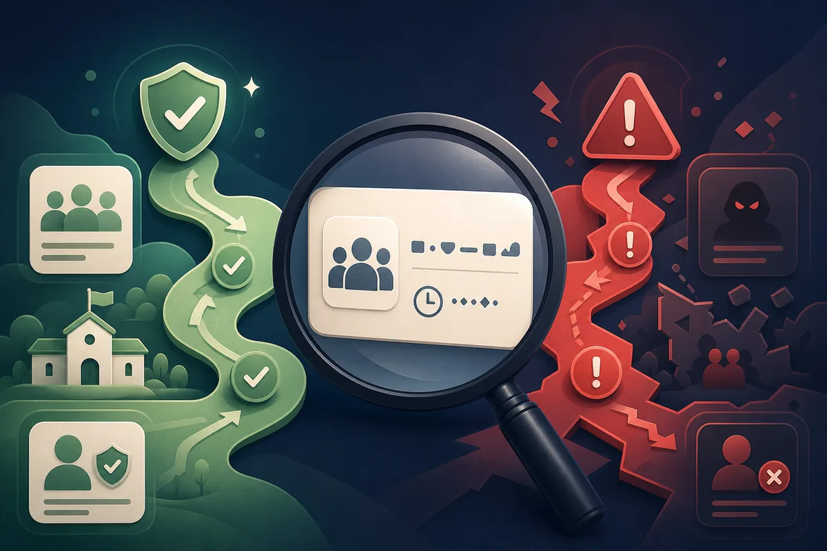 Editorial diagram showing a verification path and a suspicious invite path