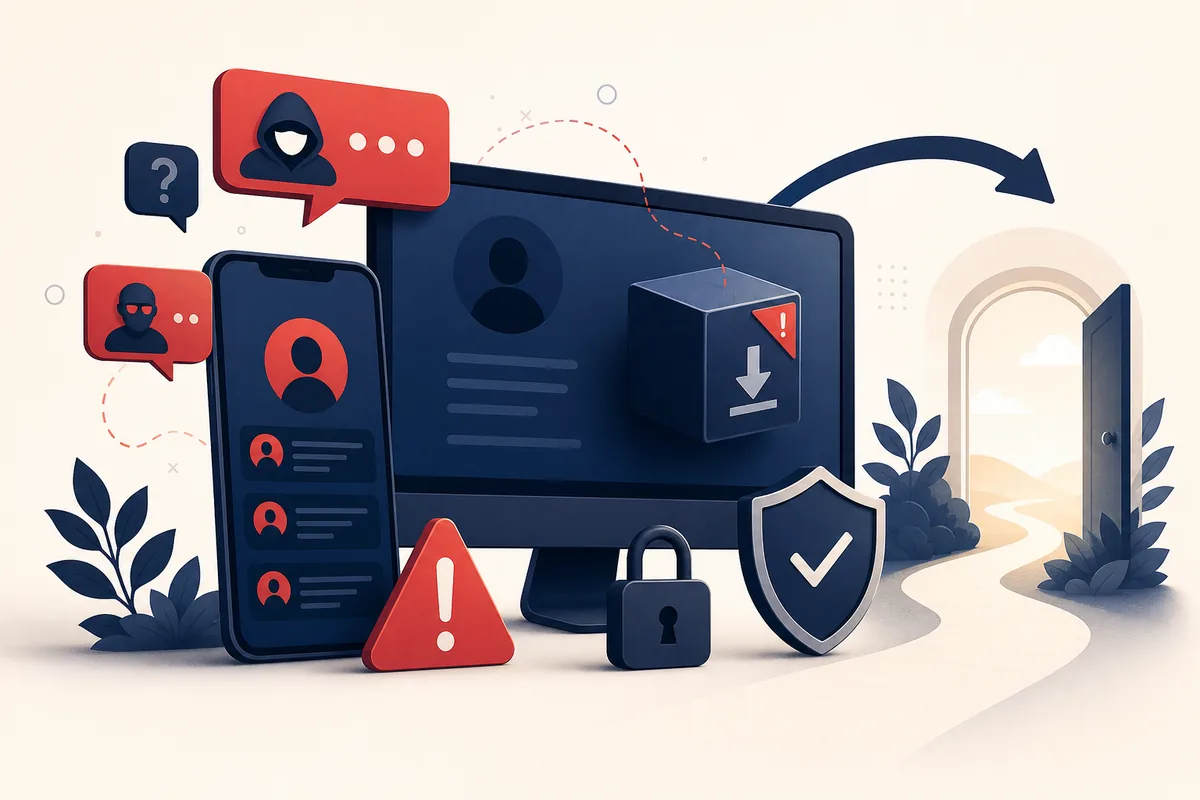 Editorial security illustration of suspicious messages, a risky download, and a safe exit path